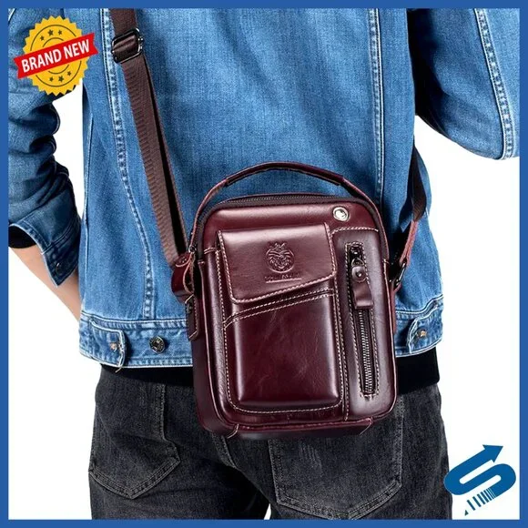 Small Genuine Leather Crossbody Bag for Men with Adjustable Strap